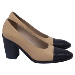 Chanel Cap-Toe Block-Heel Pumps in Beige Leather